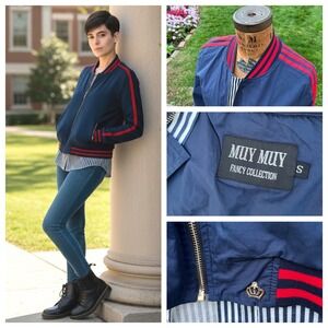 MUY MUY FANCY COLLECTION Bomber Jacket Women Navy Red Stripe Size Small Preppy